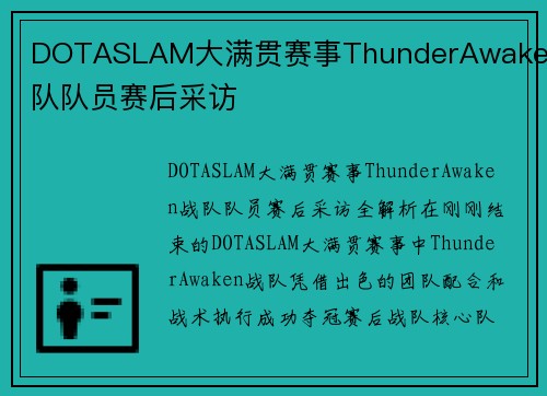 DOTASLAM大满贯赛事ThunderAwaken战队队员赛后采访