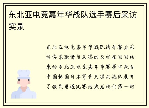 东北亚电竞嘉年华战队选手赛后采访实录