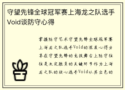 守望先锋全球冠军赛上海龙之队选手Void谈防守心得