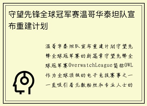守望先锋全球冠军赛温哥华泰坦队宣布重建计划