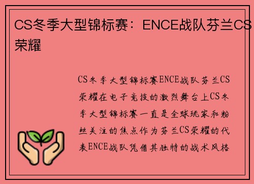 CS冬季大型锦标赛：ENCE战队芬兰CS荣耀